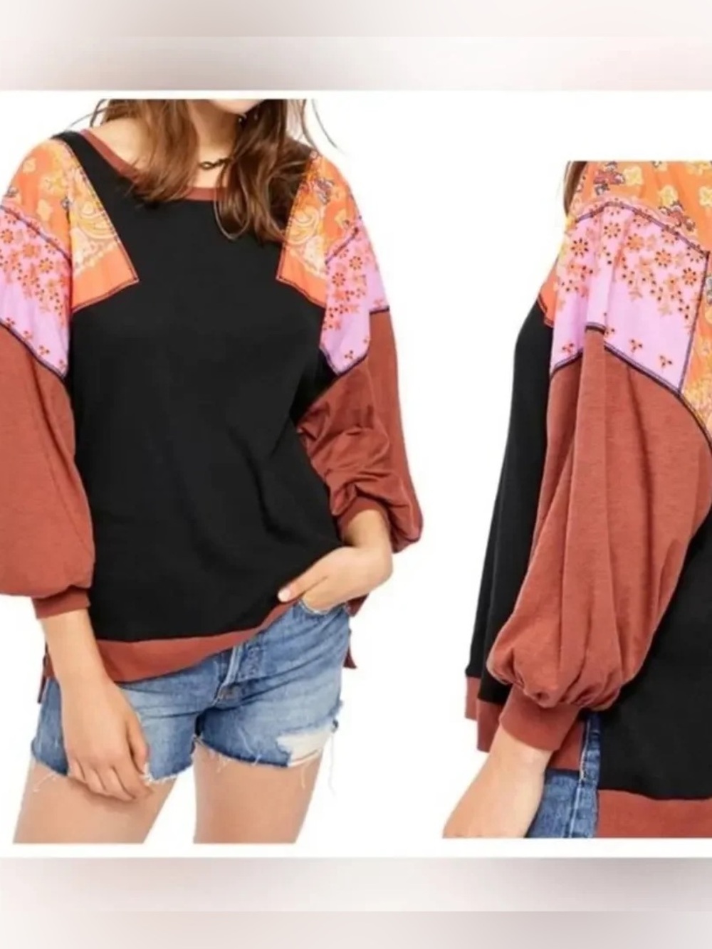 Women's Black Pullover Top with Rust and Pink Bandana Sleeves